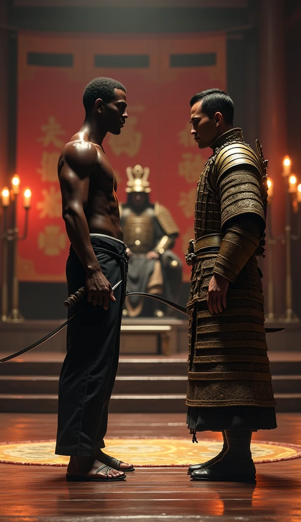 Close-up shot, Low angle shot, (Yasuke “A towering African man over six feet tall, with a muscular build and dark, glistening skin with a bald head”, standing tall and confident, faces Oda Nobunaga for the first time in a grand audience chamber. Yasuke is dressed in a dark, finely woven tunic and trousers, with a simple but elegant sword at his side. Nobunaga, dressed in elaborate samurai armor adorned with gold and intricate designs, sits on a raised platform, his sharp eyes looking and studying Yasuke with intense interest. The room is decorated with traditional Japanese banners and artwork, and the floor is polished wood, reflecting the flickering light from torches on the walls. Yasuke’s expression is one of respect and readiness, while Nobunaga’s face shows a mix of curiosity and admiration.) unreal engine, cinematic, hyper-real, highly detailed, Ultra realistic HD --q 2 --v 6.1 --ar 9:16