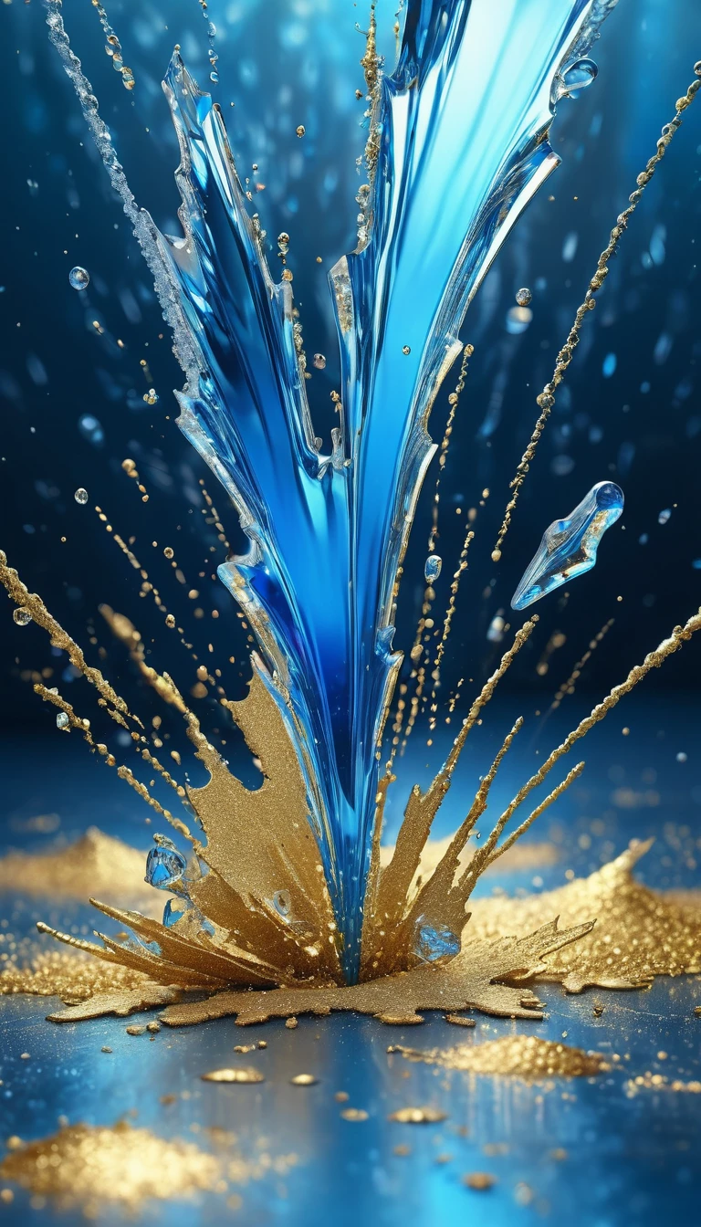 conceptual installation art, falling ice drops, shattering on the ground, background iridescent bright metallic blue, (ultra detailed, absolutely resolution, best quality:1.3), 2.5D, delicate and dynamic effects, gold dust glitter effects, artistic photography, hyper realistic, graphic CG digital art