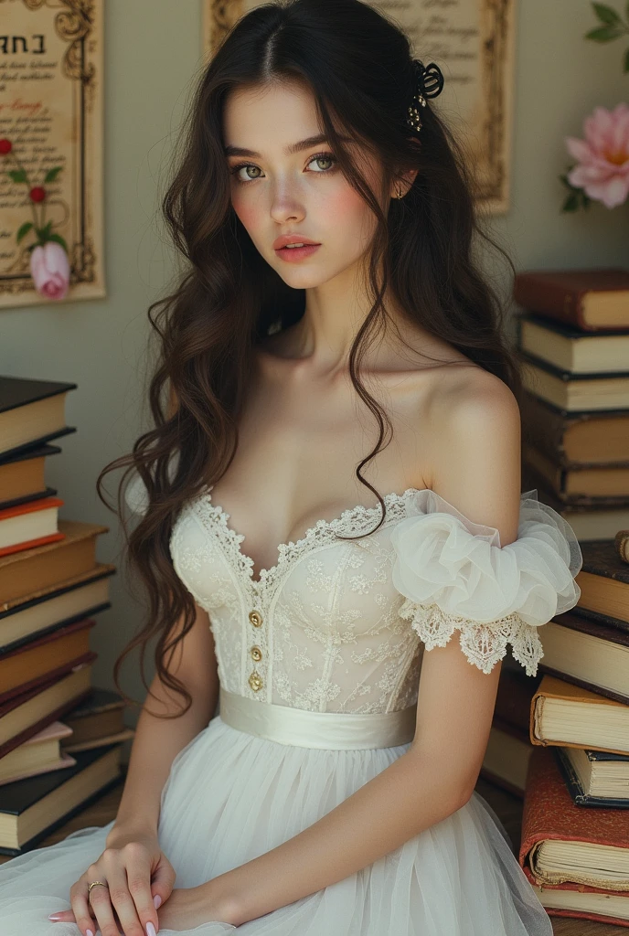Image of Ala Fed in a white lace dress with Leonardo da Vinci&#39;s notebooks in the background, A stunningly young and elegant person, Magical Girl Portrait, Portrait of a Young Witch girl, wearing steampunk clothing, Musician girl in lace clothes, Natalia Dyer, Dafne Keen, Portrait of a Young Witch, Has magical powers, Inspired by Irakli Nadar, Inspired by William Muster Lockhart, Highest quality, detailed, detailed, Tabletop, high resolution, up　Pale pink