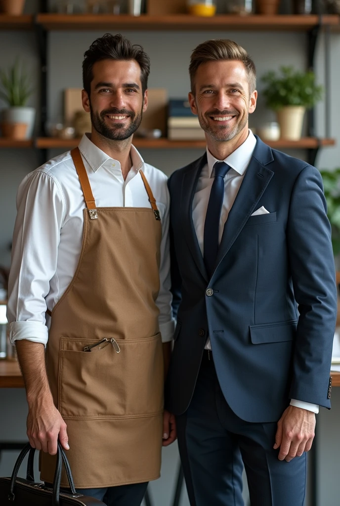   Horizontal image Entrepreneur with apron vs businessman horizontal image
