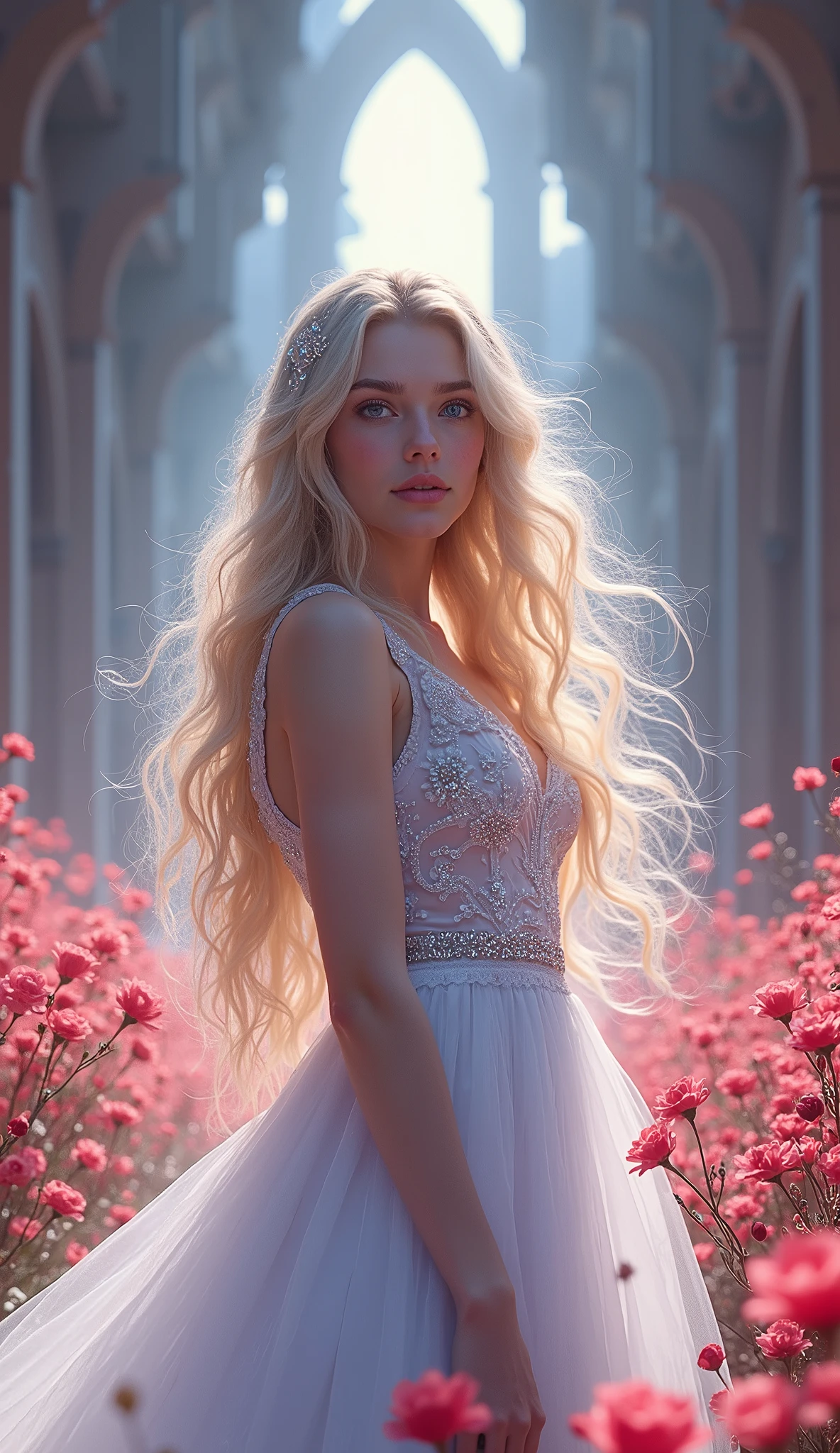 Fantasy, red blue, flowers, girl, long pale blonde wavy hair, lilac eyes, in a white light fantasy dress, crystal jewelry, bright halls of the castle, hd
