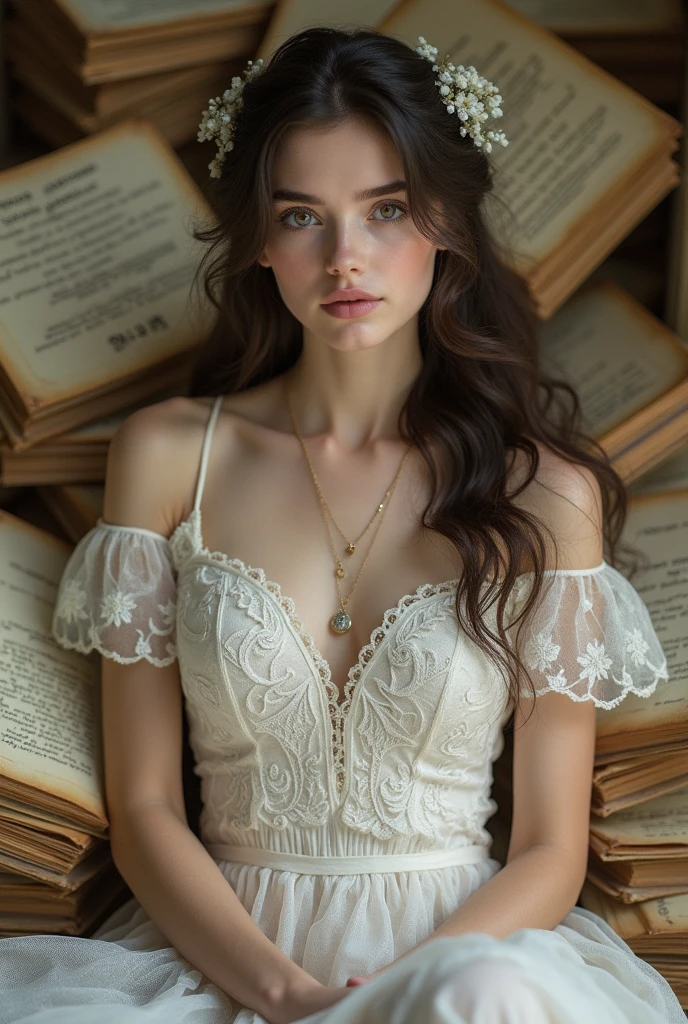 Image of Ala Fed in a white lace dress with Leonardo da Vinci's notebooks in the background, A stunningly young and elegant person, Magical Girl Portrait, Portrait of a Young Witch girl, wearing steampunk clothing, Musician girl in lace clothes, Natalia Dyer, Dafne Keen, Portrait of a Young Witch, Has magical powers, Inspired by Irakli Nadar, Inspired by William Muster Lockhart, Highest quality, detailed, detailed, Tabletop, high resolution, up Pale pink