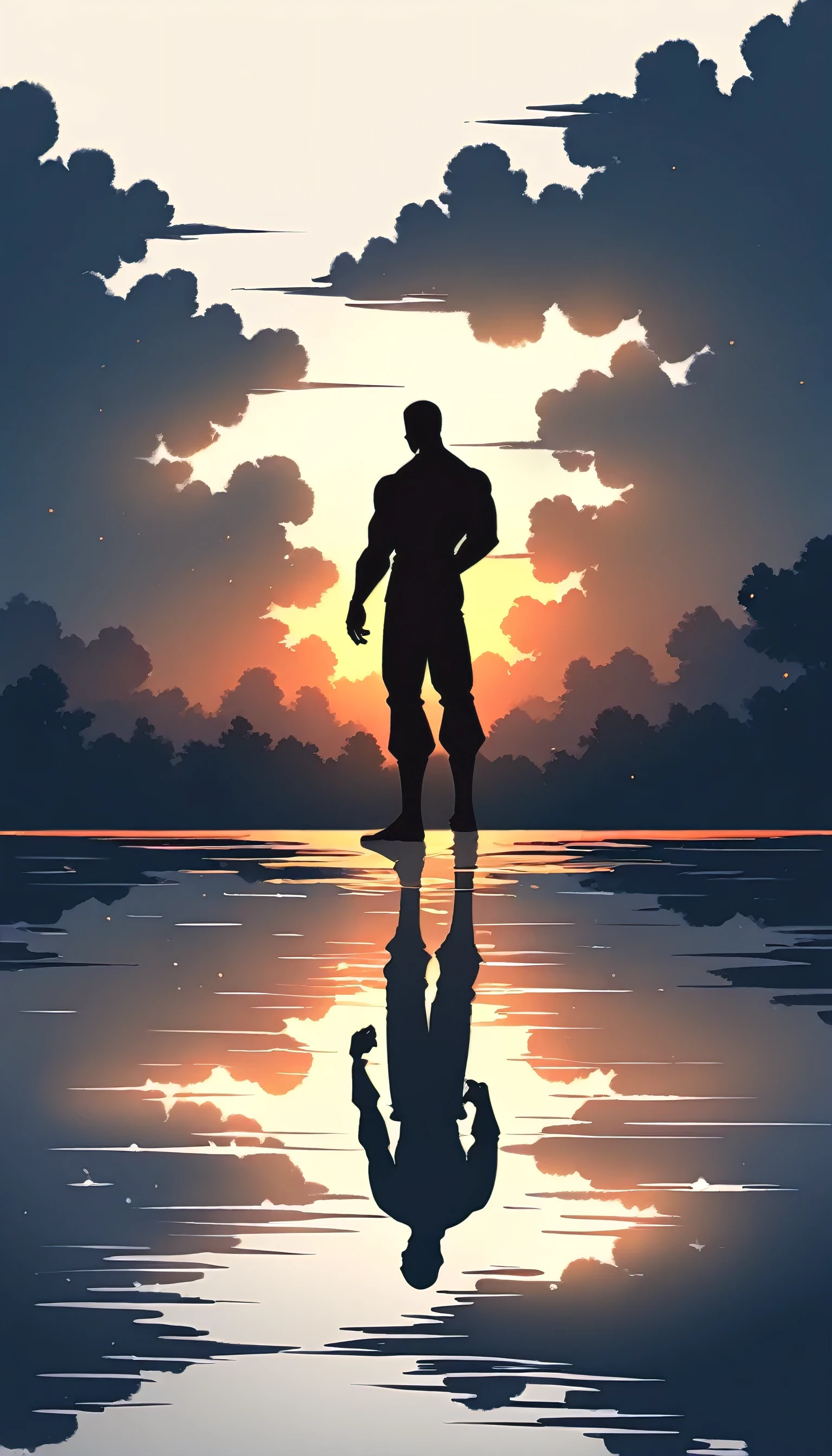 A Strong Buddhist muscular man stands in the smoke, Black jumpsuit, Very tight, Silhouette effect, Tall muscular man, Priapus, Dark Black, Dark black skin, Buzz Cut, His muscles are very developed, Very tall, short hair, Blend into the smoke, Lake, Reflection, Sunset, Sunset, Man silhouette, Chinese, black and white, Simple style