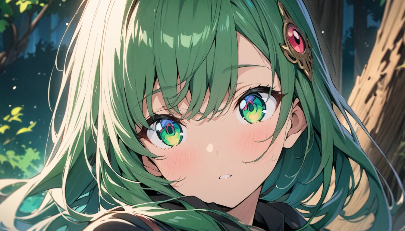 Side Tail、Emerald green eyes、Beautiful eyes、Big eyes、Tree Eyes、Sidelong glance、Beautiful hair ornament、anime、Masterpiece、Face close-up、Colored pencil、