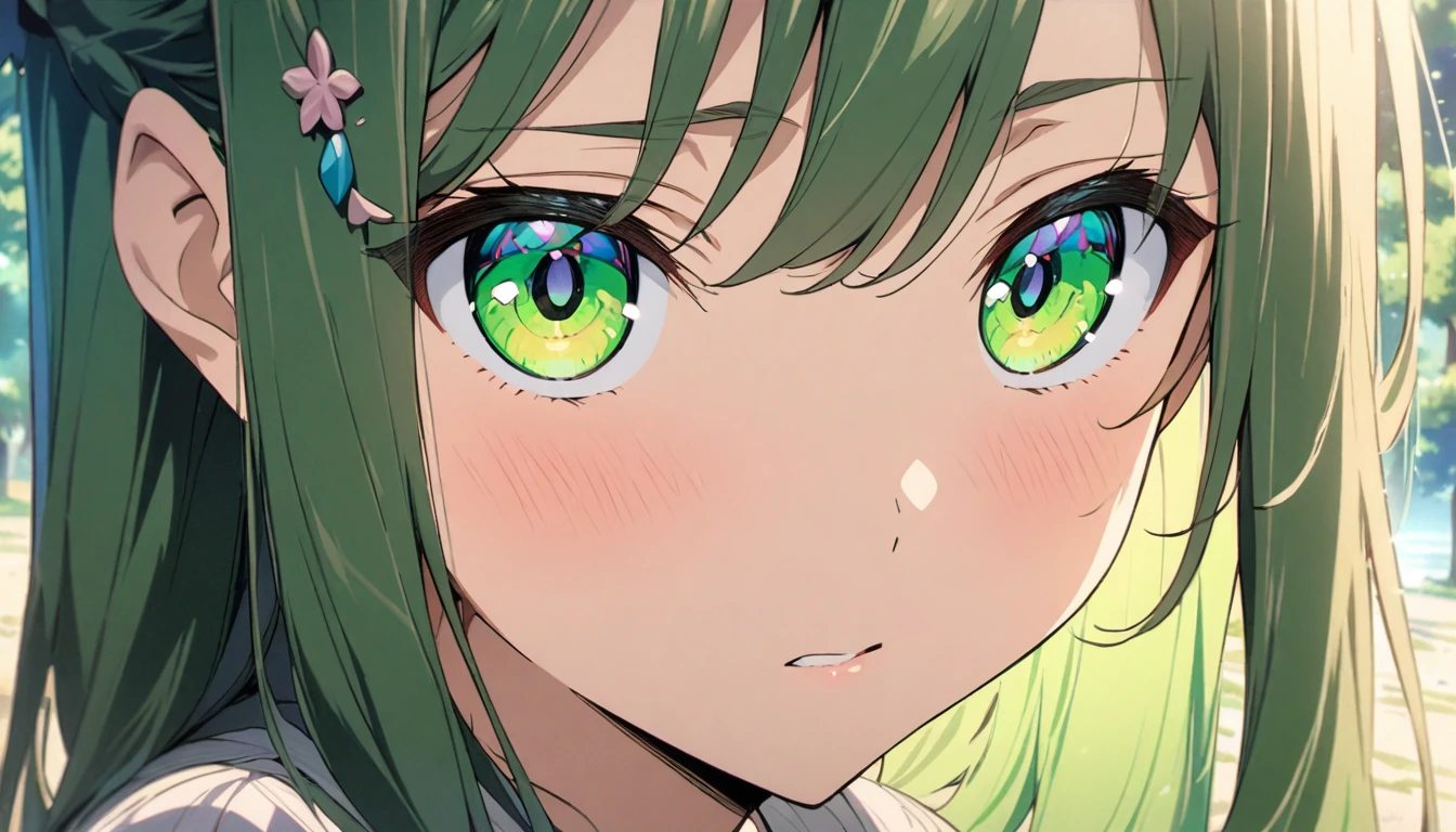 Side Tail、Emerald green eyes、Beautiful eyes、Big eyes、Tree Eyes、Sidelong glance、Beautiful hair ornament、anime、Masterpiece、Face close-up、Colored pencil、