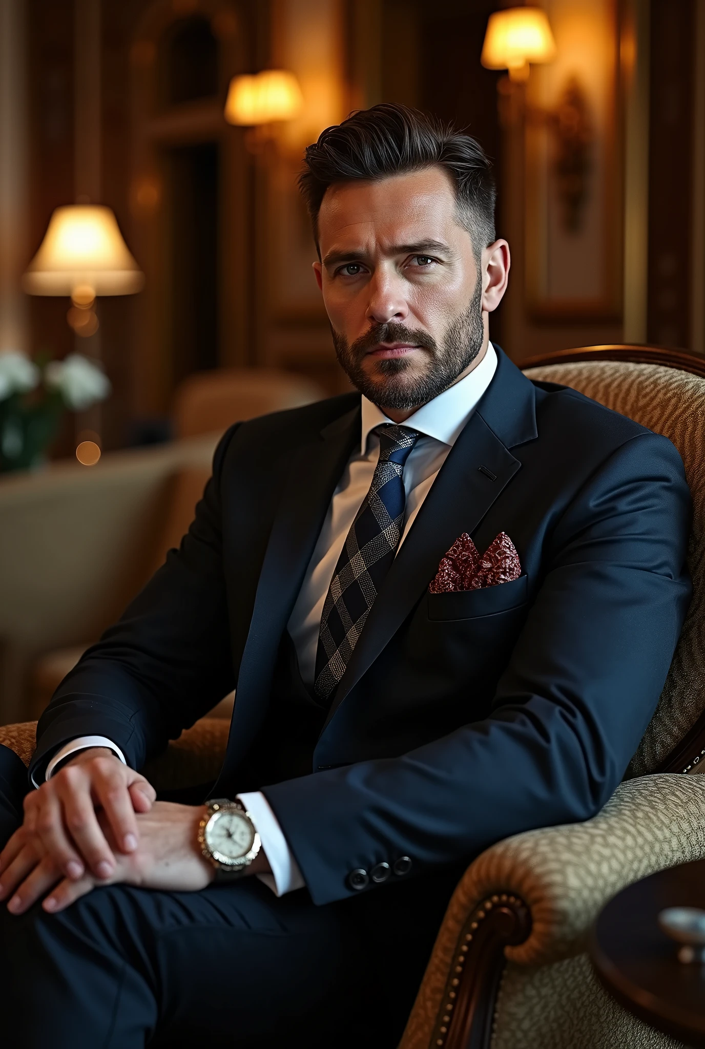 A man in a very rich and prosperous environment, wearing a suit and with a close-up capturing prosperity and man, showing wealth and abundance.