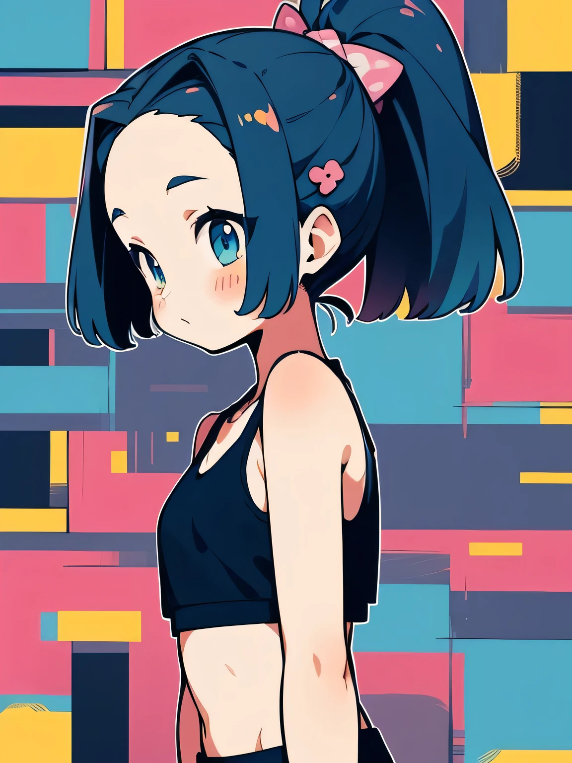 sideview,seiza,upperbody,hightquality、((Kawaii 2Girls))、Colorful color palette、high-level image quality、(big forehead),long thin ponytail,(sports bra),Unprecedented amount of drawing、anime styled、Geometric pattern background、front facing、sticker style