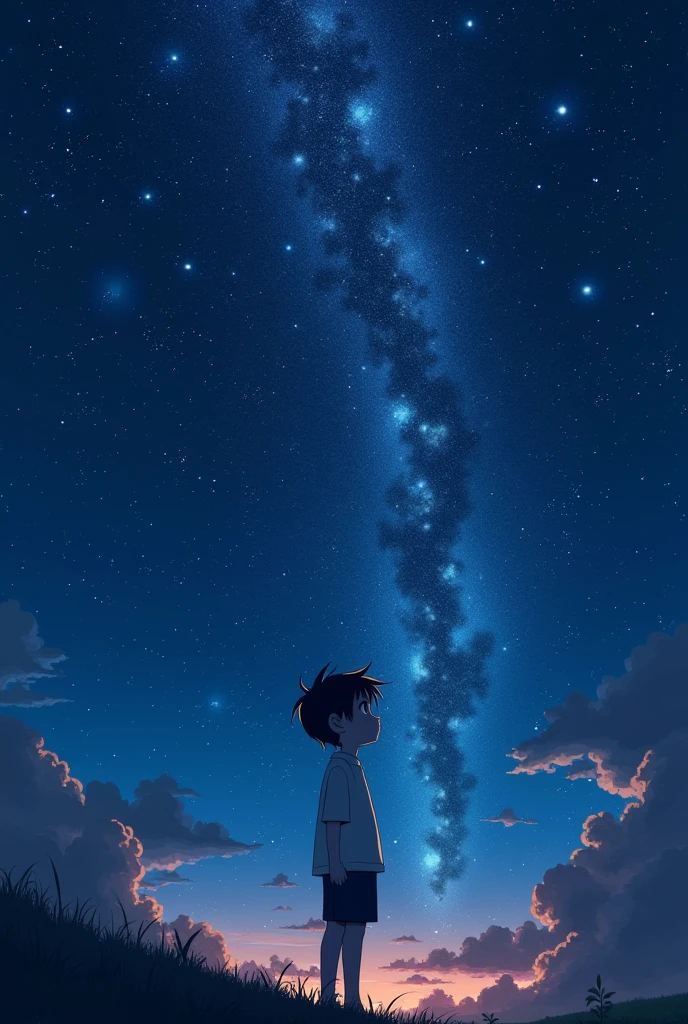 masutepiece, 4K, Anime boy looking at the sky, midnight sky, There are many stars in the sky, Beautiful sky, Beautiful boy, Night, Beautiful world, Dark looking Galaxy