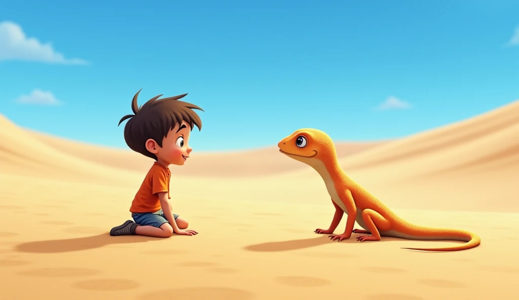 • Jamie, intrigued, knelt down. "Hi, I'm Jamie(boy). I think I'm a bit lost."
Prompt: Jamie kneels in the sand, speaking to the lizard with a friendly smile. The lizard appears attentive, its head slightly tilted. The background shows the endless dunes and a clear blue sky.