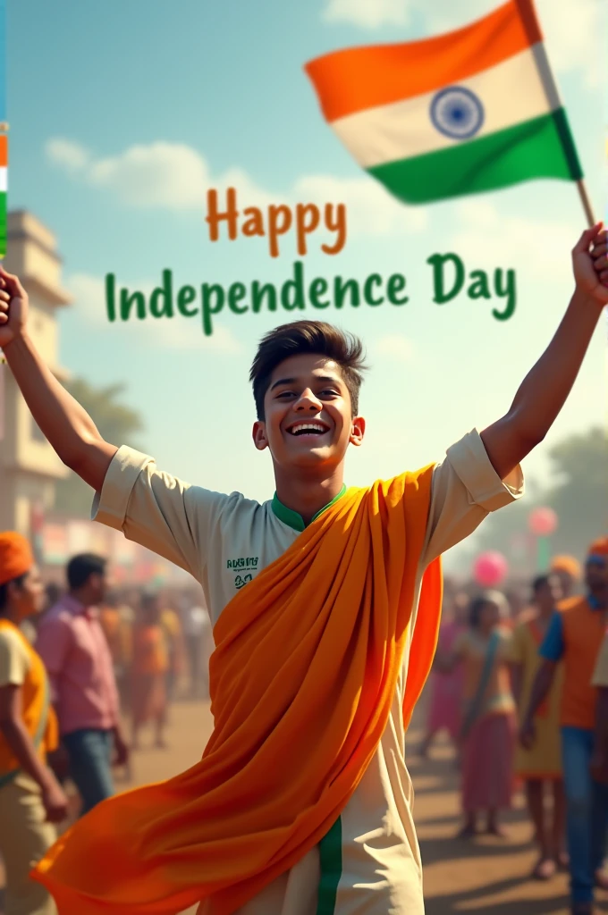 A real 20-year-old boy joyfully celebrates Indian Independence Day. He is wearing traditional Indian outfits with the name "Ajay" written on his attire. Above him, in the sky, the words "Happy Independence Day" are displayed in a bold font. The backdrop is filled with people celebrating, enhancing the festive and patriotic spirit of the day.