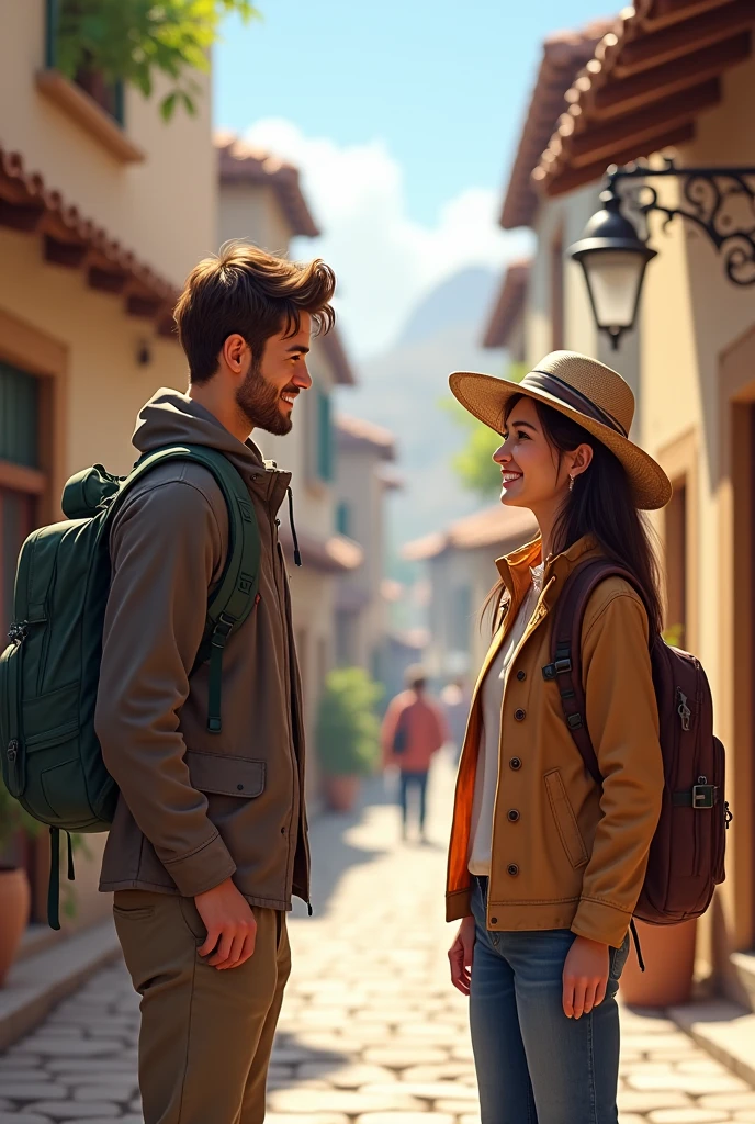 An image of a traveler chatting with a local on a picturesque street. The traveler is using phrases in the local language, and the local is smiling and responding kindly. The scene conveys a sense of connection and cordiality., with a typical architecture in the background.
