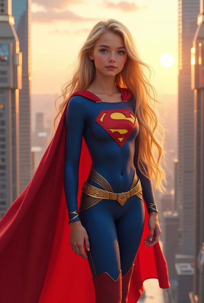 Supergirl:1.5) (long flowing blonde hair:1.3), blue eyes, detailed eyes, detailed lips, (sensual,heroic, full body:1.5), (majestic locations at dawn with mist and sunlight, futuristic cityscape:1.3), dawn photo, (photo from many different angles:1.5), red and blue costume with ‘S’ symbol, red cape flowing in the wind, golden belt, red boots, ray tracing, (best quality, 4k, 8k, highres, masterpiece:1.2), ultra-detailed, (realistic, photorealistic, photo-realistic:1.37), HDR, UHD, masterpiece, professional, vivid colors, bokeh, studio lighting”
Description: A youthful girl, athletic build with a strong yet graceful physique. She has a toned, muscular body that reflects her superhuman strength.Hair: Long, flowing blonde hair that cascades down her back, adding to her vibrant and heroic appearance. The hair should have a natural shine and slight waves.Eyes: Striking blue eyes that convey determination and kindness. The eyes should be detailed, with a slight sparkle to reflect her hopeful nature.Lips: Detailed and full, often with a natural or slightly glossy look.Costume and Accessories:Red and Blue Costume: A form-fitting blue bodice with the iconic red and yellow “S” symbol on her chest, symbolizing hope. The costume should be designed to be both functional and stylish, highlighting her athletic build.Red Cape: A flowing red cape that billows in the wind, adding a dynamic and heroic element to her appearance. The cape should have a slight texture to show movement.Golden Belt: A golden belt that cinches at her waist, adding a touch of elegance to her costume. The belt should have intricate designs that reflect her Kryptonian heritage.Red Boots: Knee-high red boots that are both practical and stylish, completing her iconic look. The boots should have a slight shine and detailed stitching.Majestic Locations at Dawn: The background features a futuristic cityscape bathed in the soft light of dawn, with mist and sunlight creating a mystical atmosphere.