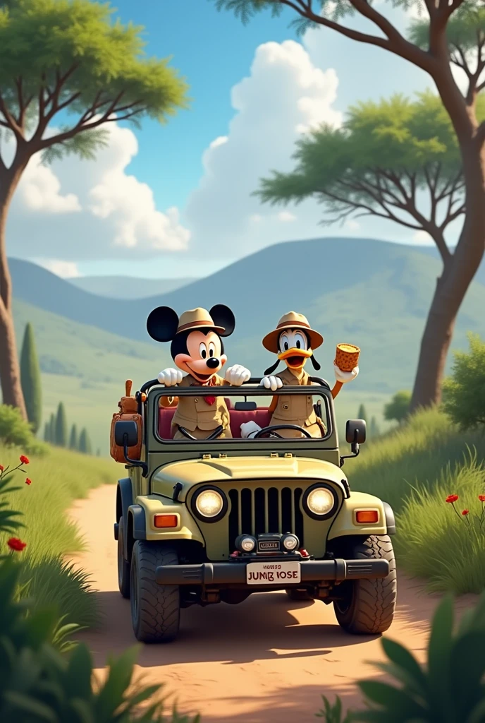 Pluto mickey donald duck disney in safari outfit inside a jeep