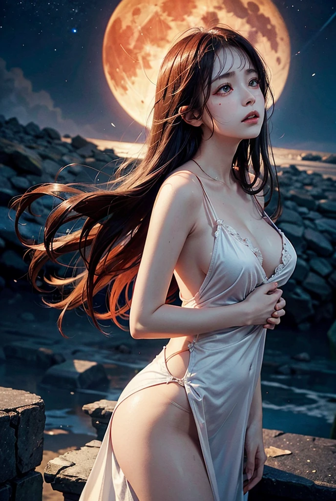 Satanic、despair、Devastation、natural disaster、middle ages、Red full moon、Woman looking up to the sky and shedding tears、Place your hand on your chest、Sad look、Light makeup、Fluffy camisole