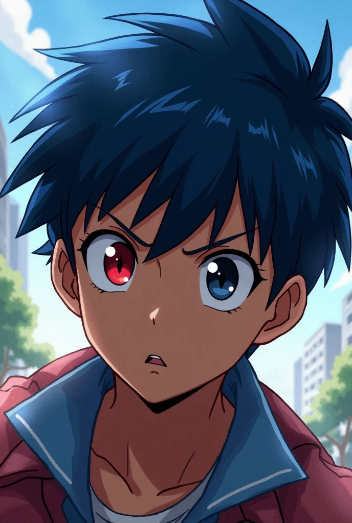 Create a boy with a man's haircut, that your hair color is dark blue ,that he has a serious expression and that his eye colors are one red and one black, that your skin is brown ,Boku no hero style
