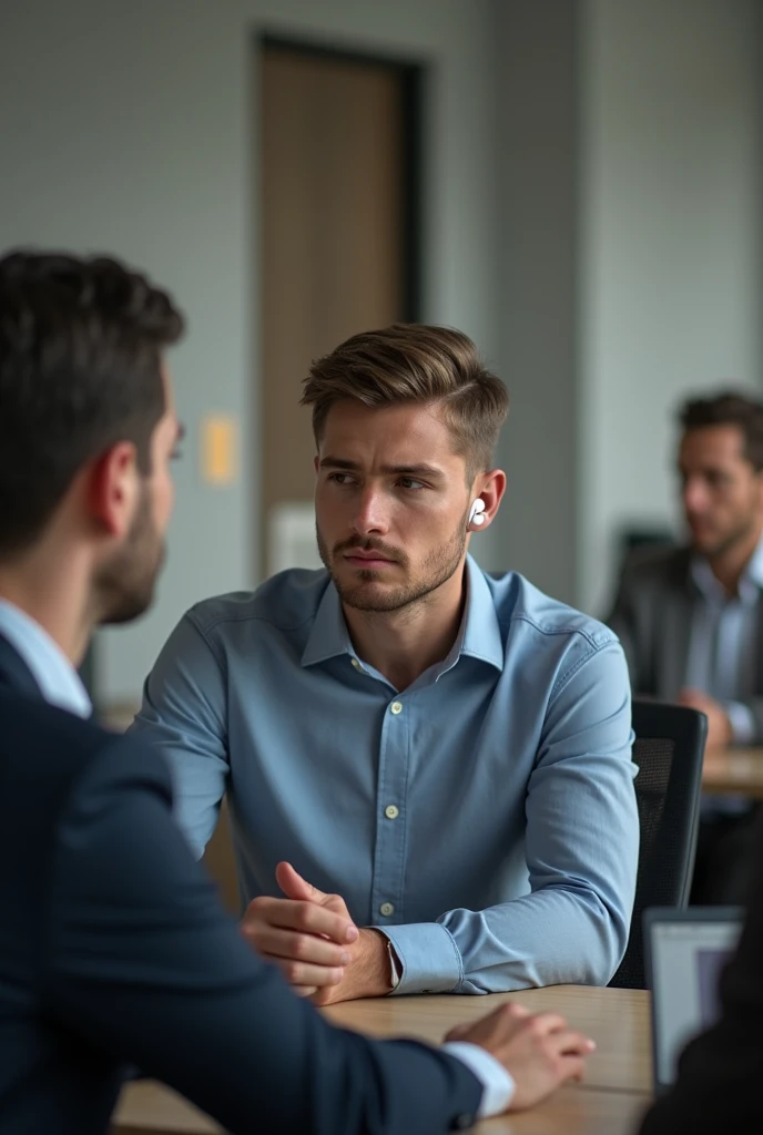 A person with earbuds in, pretending to listen during a boring conversation. Male