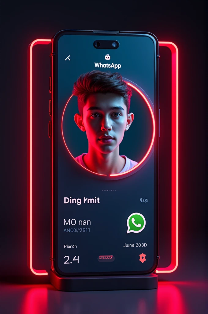 A digital card displaying a WhatsApp with a similar design to the provided the reference image.The card should feature a young person's portrait a circular frame on the left side, with the WhatsApp 3d logo and the text your WhatsApp name Aamir and your followers on the right side.The card should have a neon red outline and a dark background, similar to the reference image.