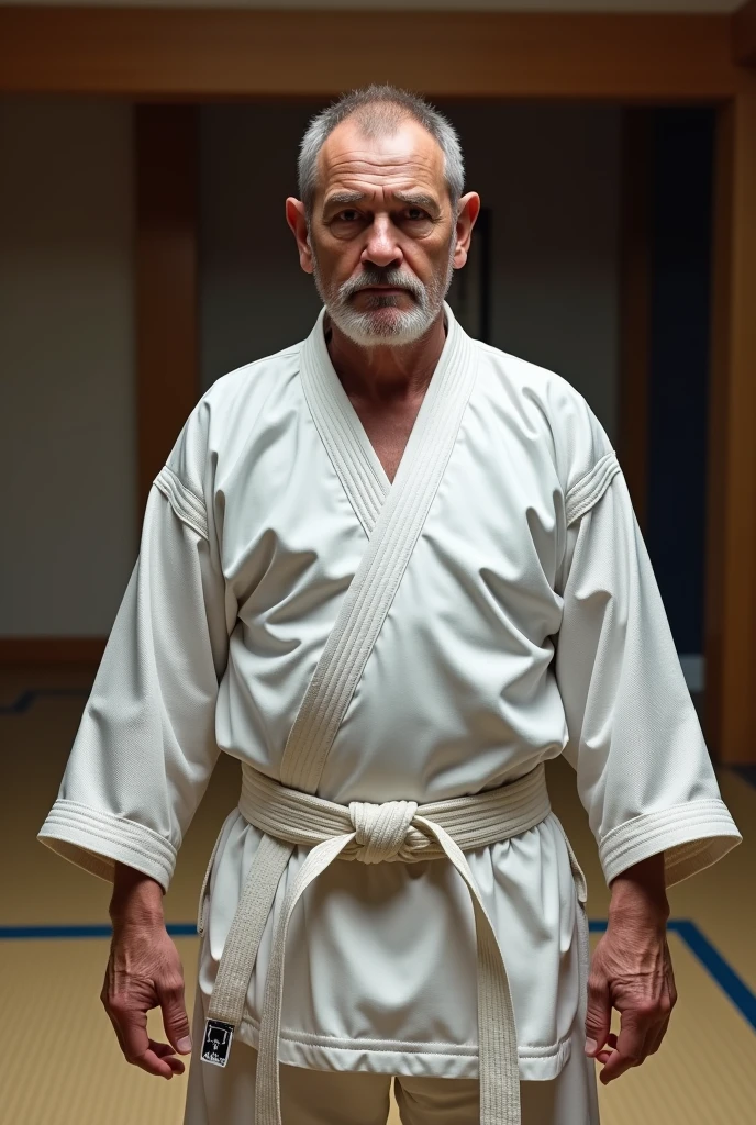 Front view , Full- body, (1 Scottish man, 1-old , brown hair, short cut, serious),((Karate White clothes, Karate White underwear, White obi:1.3)), At the Karate Dojo, Standing on tatami mat, Textured skin ((Surrealism, Fujicolor, Fujifilm, UHD, retina, masterpiece, accurate, anatomically correct, textured skin, super detail, high details, high quality, best quality, 8k)) , ((super detail, high details, high quality, accurate, anatomically correct, textured skin, beautiful fingers super detail, high details, high quality, best quality))