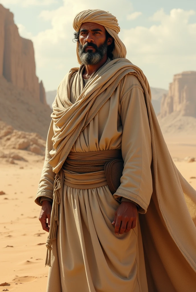The Bedouin man, with a confident and determined expression, standing tall while speaking, showing his commitment. His simple but strong posture should convey his resolution.