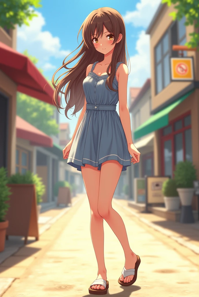 anime beautiful girl 10th generation women Long Hair smile Big Eyes High nose Brown Hair Sandals one piece Shopping sunny sun In town Are standing Straight Hair Cami