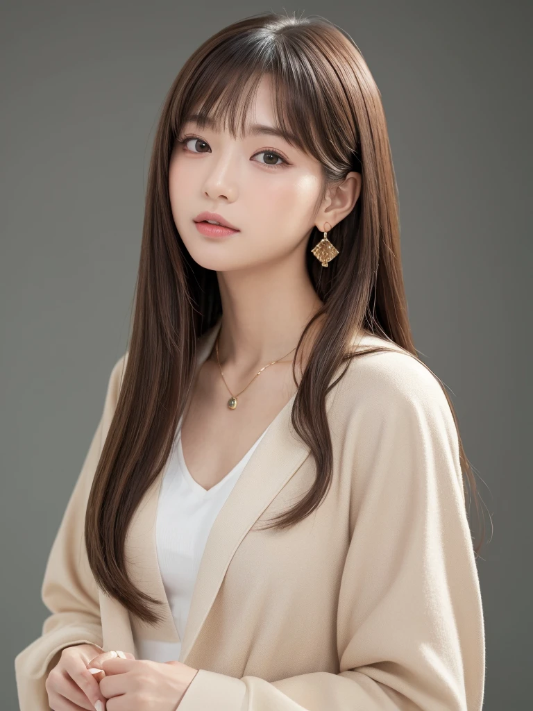 ((Highest quality, 8k, masterpiece:1.3)), concentrate: 1.2, Perfect body beauty: 1.4, Hips: 1.2, ((Long Hair, chest: 1.2)), (Dry clothes: 1.1) , (clear, Simple Background:1.3), Simple clothes: 1.1, Highly detailed face and skin texture,Delicate eyes, double eyelid, Whitened skin, Rough skin、Long Hair、bangs、Simple earrings、necklace、 solo、Beige coat、White shirt, (((Cute and beautiful Japan)))、 ((Beautiful 20-year-old Japanese))、 ((Baby Face))、 (((Slender body)))、 Upper Body,Face focus、necklace,Simple Background,From above, Realistic Hair、 A photograph was taken:Canon EOS R6、135mm、1/1250 seconds、f2.8、ISO400、(Detailed explanation of the hand)、(Masseter muscle area)、(Exquisite CG)、Long Hair, loose and curly hair、Korean Hair、Long Hair明るいベージュ色、グラデーションハイライトグレージュのゆるふわLong Hairスタイル、