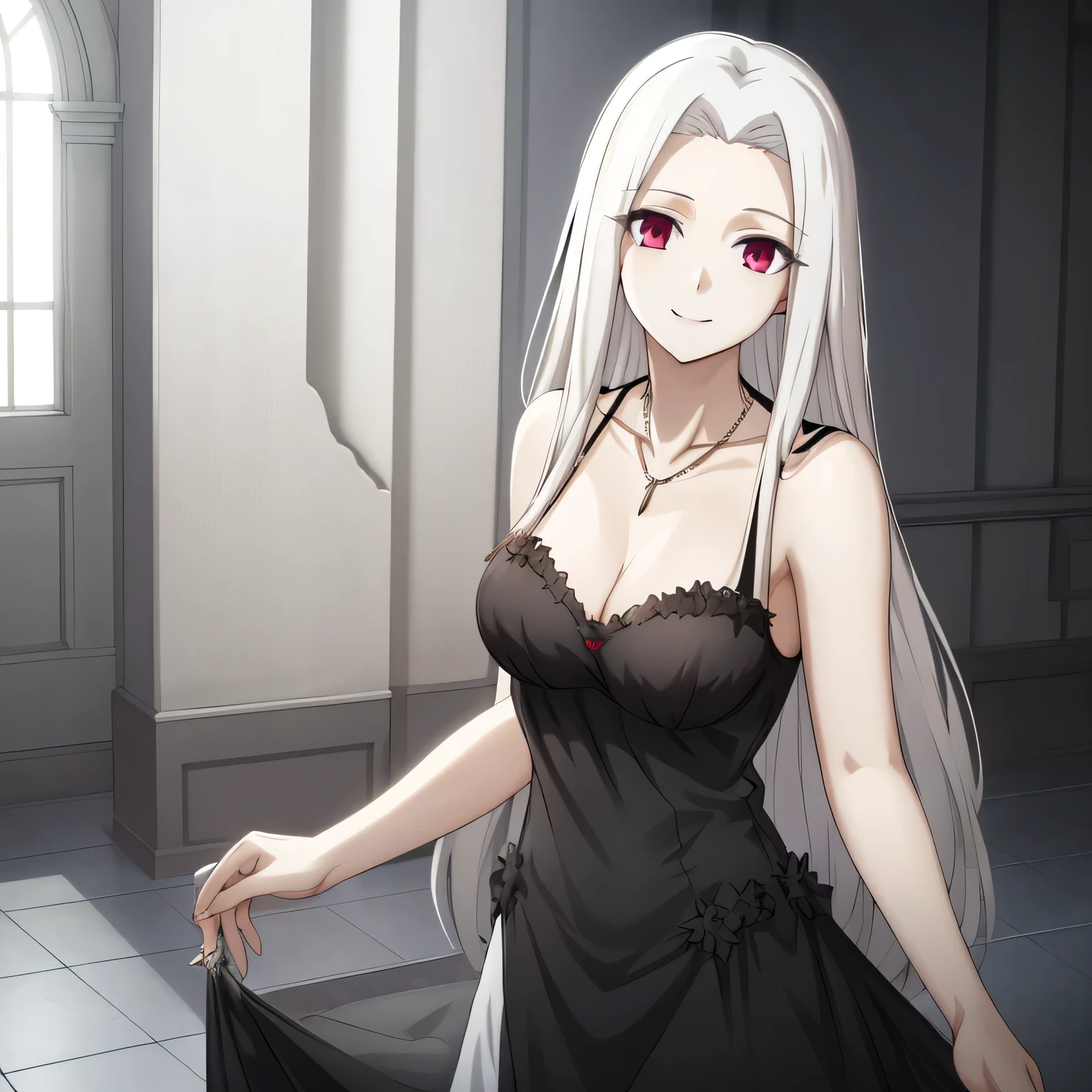 Irisviel,black sheer dress sleeveless,solo,looking at viewer,beautiful smile,arm at side,middle size of breast,beautiful necklace,