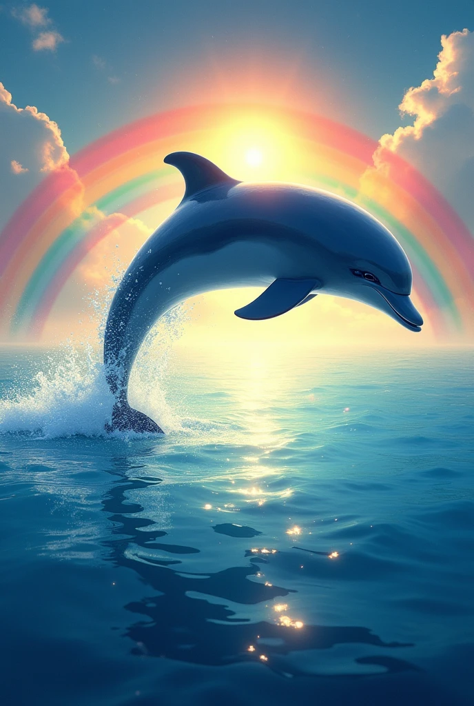 Create a dolphin jumping out of the water with a rainbow in the background With the sun in the background