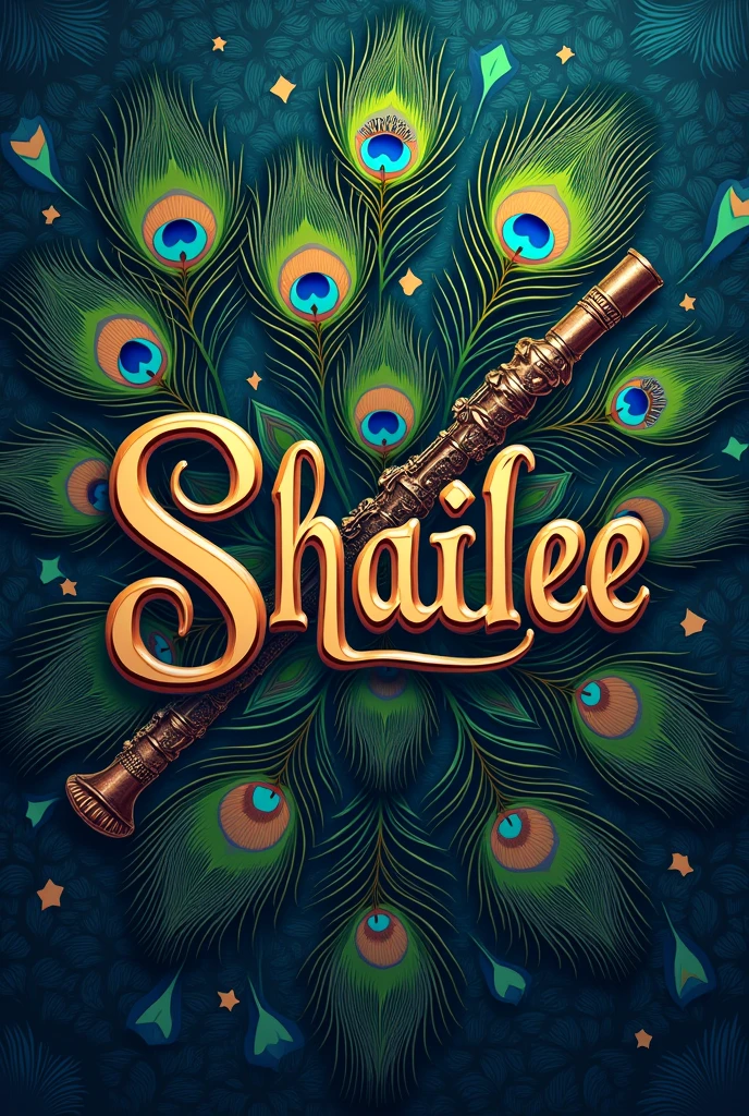 Write name shailee in stylish letter with background of peacock feathers and on flute 