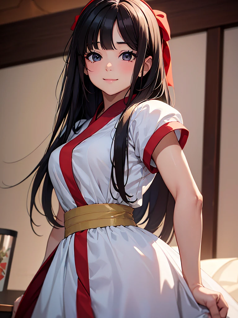 (​masterpiece、top-quality、hight resolution、Unity 8k、extremely details CG:1,Best Picture), nakorurums. red ribbon, hair band, A young woman with a delicate and pure appearance, characterized by a modest hairstyle and minimal makeup. She exudes an aura of innocence, with a soft, almost shy smile. Despite her involvement in adult films, her demeanor and presentation maintain a 'pure' and 'innocent' charm, creating a striking contrast with her profession. She is dressed in a simple, yet elegant outfit that emphasizes her 'pure' image, perhaps a white dress or a light-colored blouse, nsfw