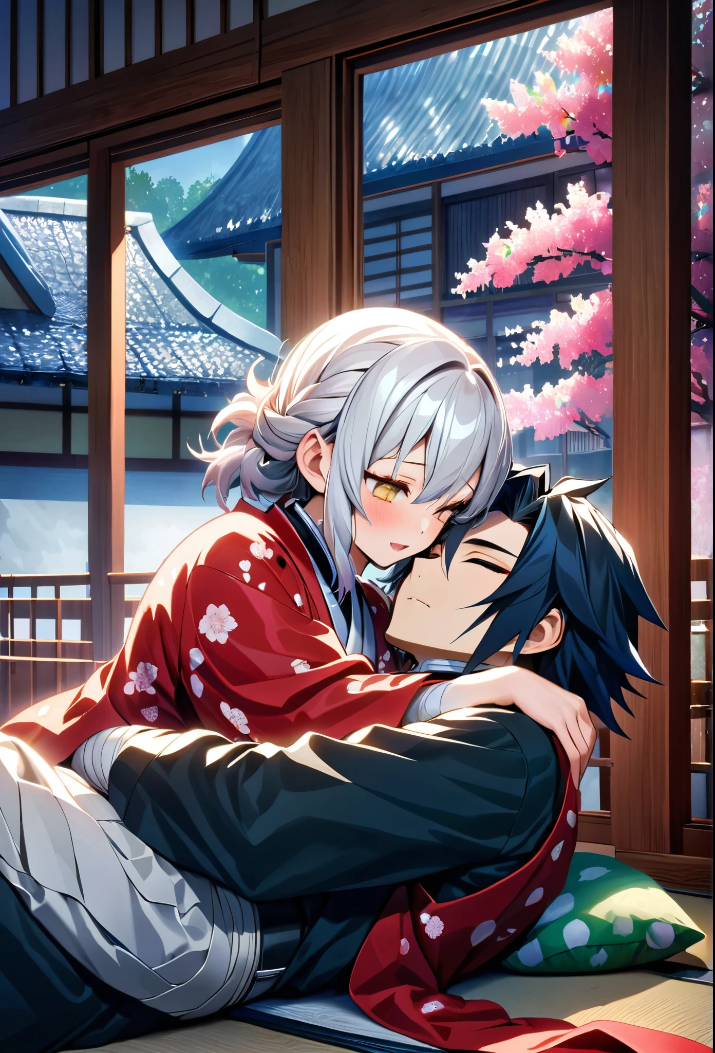 Ultra detailed, high resolution, absurd, HDR, masterpiece, anime girl and boy, beautiful woman (with long white hair with deep red streaks, girl (with yellow eyes), the girl (is wearing a red haori), uniform demon slayer black, Kimetsu No Yaiba, fantasy, handsome, Tomioka Giyu, Hashira, Tomioka inside a gentle hug, couple, romantic, inside a Japanese house, best quality, extremely detailed face, love, romance, anime, Tomioka is hurt and sleeping, she is watching the boy sleeping, Tomioka is a strong man with bandages