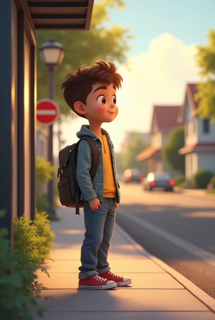 human student at a school bus stop