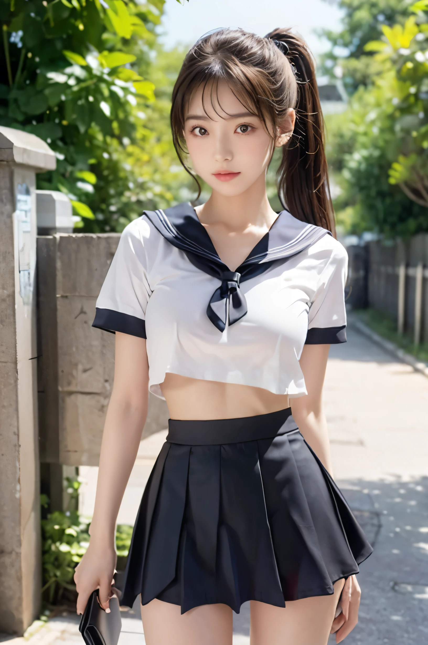 (Ultra HD), (Looking at me), (The whole body is shown), (Black short-sleeved sailor suit, Black low rise mini skirt), Big Breasts, slender, Narrow waist, (The belly button is visible:0.6), (Thin legs:1.2), (Thin thighs:1.2), (Thin Hips:1.4), (Beautiful Skin, Shiny skin, White skin), (Super slim face, Super beautiful face, No makeup, Smile:0.6), (light brown, ponytail, Layered Cut, Fluffy hair), (double eyelid, Slanted Eyes), Small Nose, Thin lips, Are standing, In front of the school gate