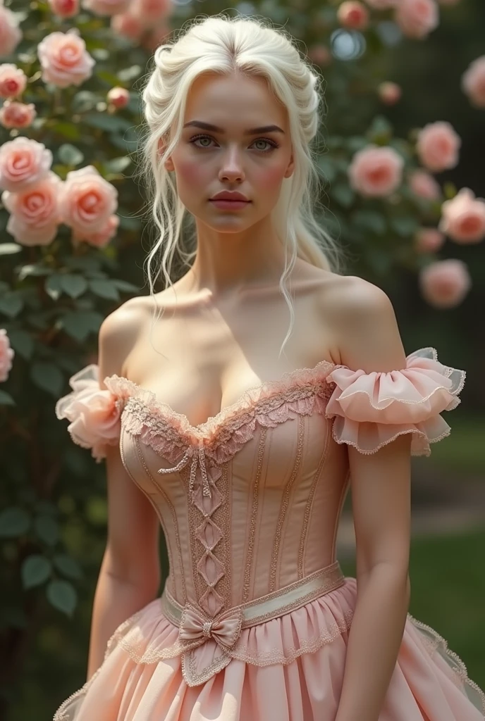 realistic, portrait, fantastic work of art, the action of which takes place in the summer in the Russian Empire in the rose garden and should consist of many delicate shades, warm light tones. Create a proud and gentle Daenerys Targaryen dressed in a stunning French silk ball gown. Expressive breasts. Elegant girlish face. The 19th century ball gown is decorated with ruffles, belts and bows, as well as an elegant but intricate bodice with hand embroidery. The corset is decorated with a silk ribbon. Portrait. 8K, realistic