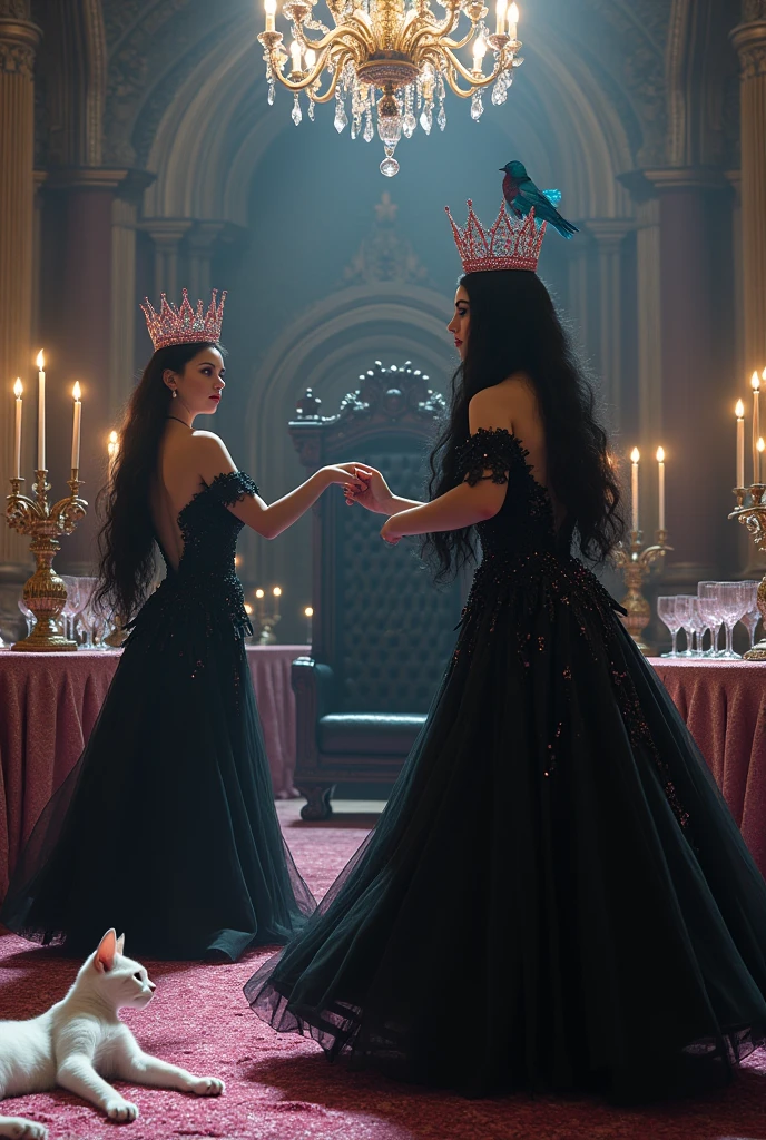 "A full-body shot of a (extra wide angle) in a dark low light medeval ballroom in an old palace. 2 queen twin sisters with big light-colored eyes, super-long shiny blackest hair, ((Detailed face:1.2)), perfect beautiful teeth, perfect hands, five fingers on each hand, big breasts cleavage, most perfect eyes 1:1, white perfect skin, rosy cheeks. They are dancing in a middle of a big enormous ballroom with sparkling pink cristals everywhere in the candelight 1:1 Wearing a layered black, white and gold ballroom dresses with lace and shiffon. leans bending to the side nonchalantly beside a black thrown. On their head is a gold crown, adorned with pink crystals 1:1. A white cat lounges on the floor in front of her 1:1, while a blue bird perches atop the throne. The scene includes a elegant, extraordinairy beautiful gothic empresses, striking a bendover poses, excited and laughing. their long black hair flowing all around. Embodying a beautiful yet disheveled gothic queens (Best Quality) (Detailed). The environment exudes a medieval fantasy vibe, with a big black intricate throne in a corner, a dark medeval chandelier with few candles hanging from the ceiling a very low romantic lighting. In a fantastic scene that uses 3D Surreal 3D model. Big gold gothic medieval five armed candlesticks sit on a blacktable, surrounded by crystal wine glasses—one tipped over and another half-full of wine. The entire setup is Best Quality, masterpiece yet regal, capturing the essence of a beautiful and happy girls, fantastical gothic setting, moist. Low lighting under neath, framed with the grandeur of medieval gothic style. photographed in a Canon EOS R5, 50mm Lens, F/2.8, nffsw, (8K)"
