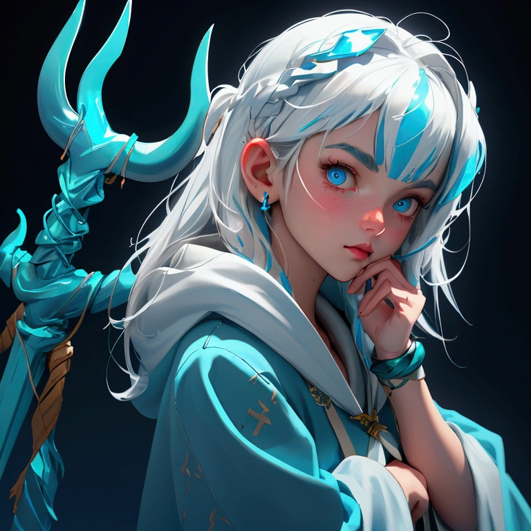 envision a 8k, highres, cinematic, close up portrait of an Atlantean girl named Gawr Gura with shoulder length white hair with blue highlights in a blue shark hoodie holding Poseidon's trident against a dark gray background