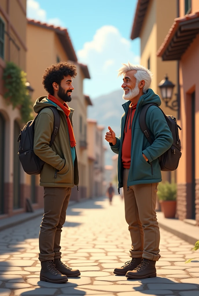 An image of a traveler chatting with a local on a picturesque street. The traveler is using phrases in the local language, and the local is smiling and responding kindly. The scene conveys a sense of connection and cordiality., with a typical architecture in the background.