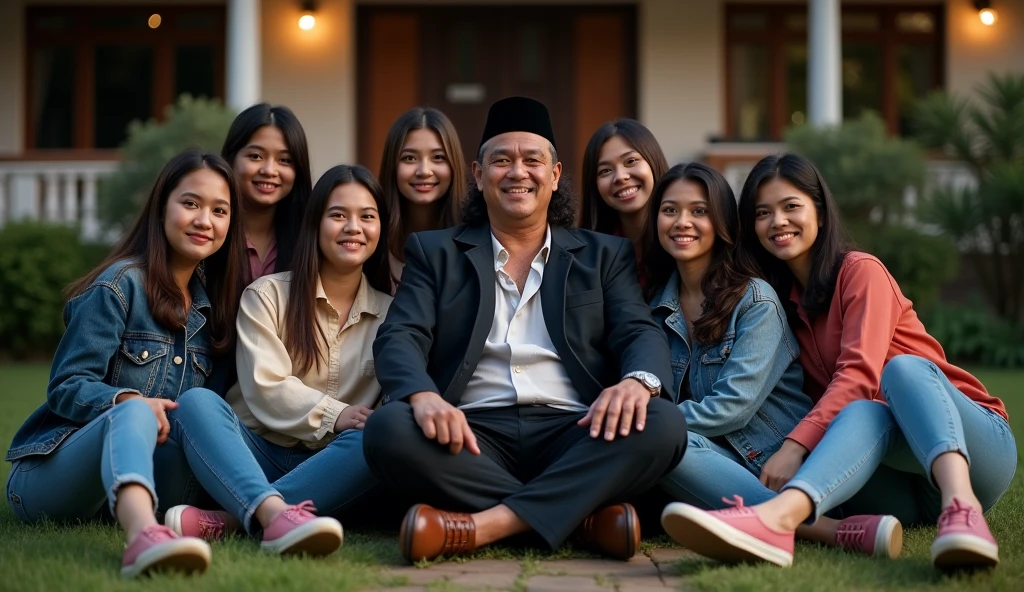 A 60 year old Indonesian man, clean face without mustache and beard, wear a black Muslim cap, wear a jacket and tie and trousers, wearing leather shoes, sit down, smile facing the camera, Beside him there are 8 beautiful Indonesian women, his body is quite fat, fair skin, big nose, long wavy hair, wearing a denim jacket, long pants, wearing pink sneakers, sit down, happy face facing the camera, in front of the country house, evening atmosphere, minimal defects, very detail, realistic, 8K picture