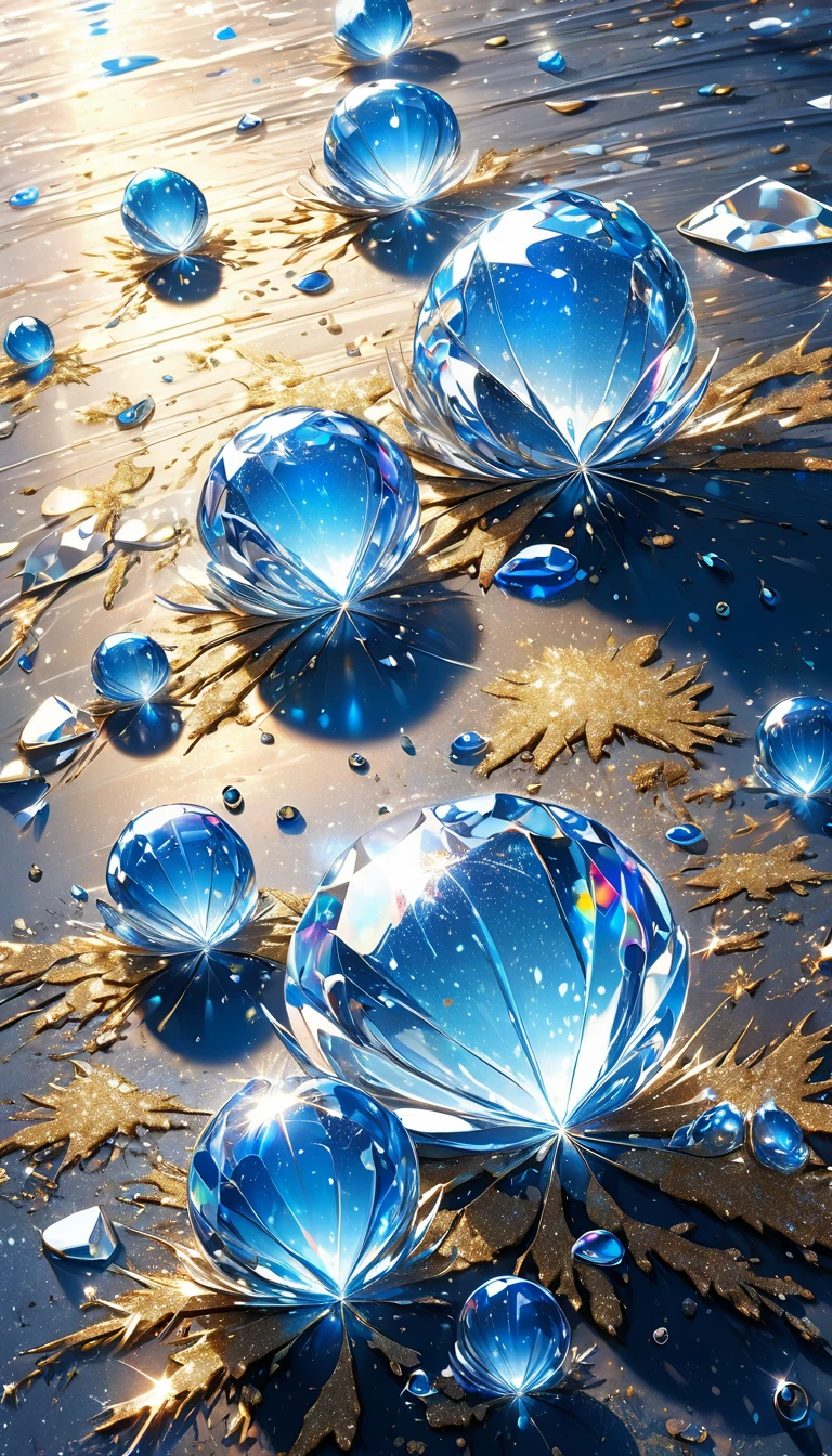 conceptual installation art, falling ice drops, shattering on the ground, background iridescent bright metallic blue, (ultra detailed, absolutely resolution, best quality:1.3), 2.5D, delicate and dynamic effects, gold dust glitter effects, artistic photography, hyper realistic, graphic CG digital art