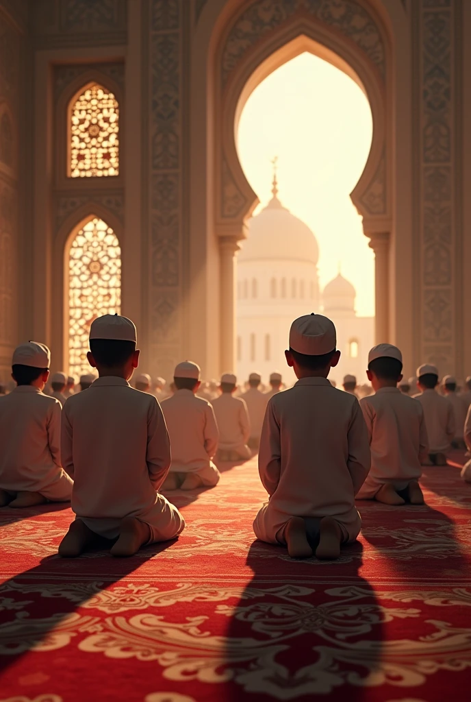 Muslim children praying in congregation in the state of Ruku in the mosque