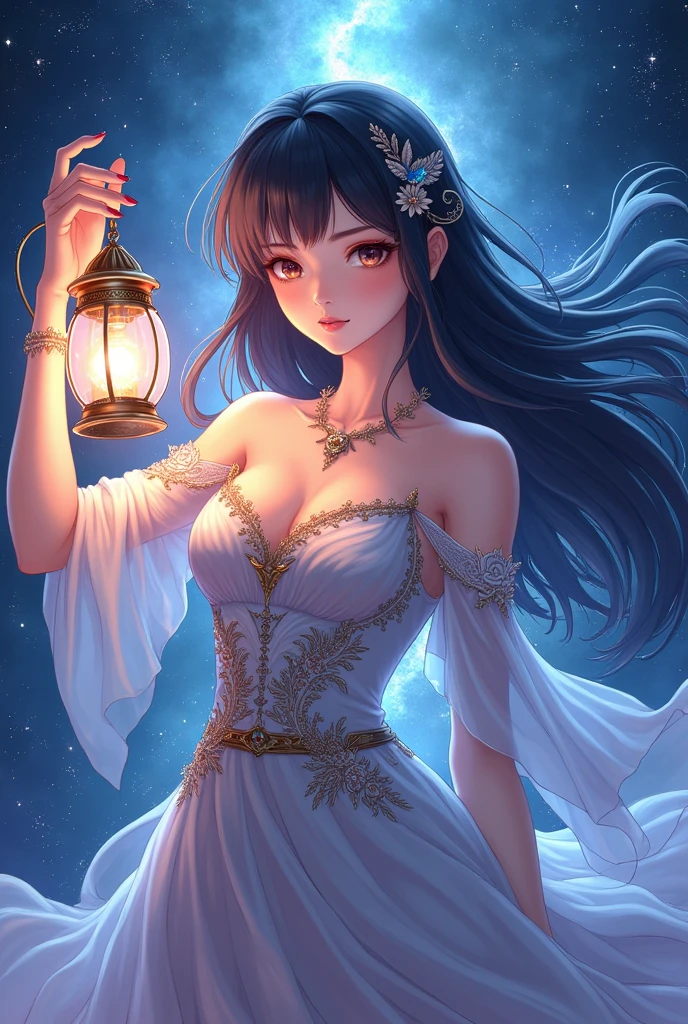 anime girl in a dress with a lantern and a star, beautiful celestial mage, astral witch clothes, portrait of magical girl, cute anime waifu in a nice dress, anime style, from girls frontline, fine details. girls frontline, girls frontline universe, girls frontline style, girls frontline, girls frontline cg, 2 0 2 2 anime style, alchemist girl, splash art anime , black - haired mage, 