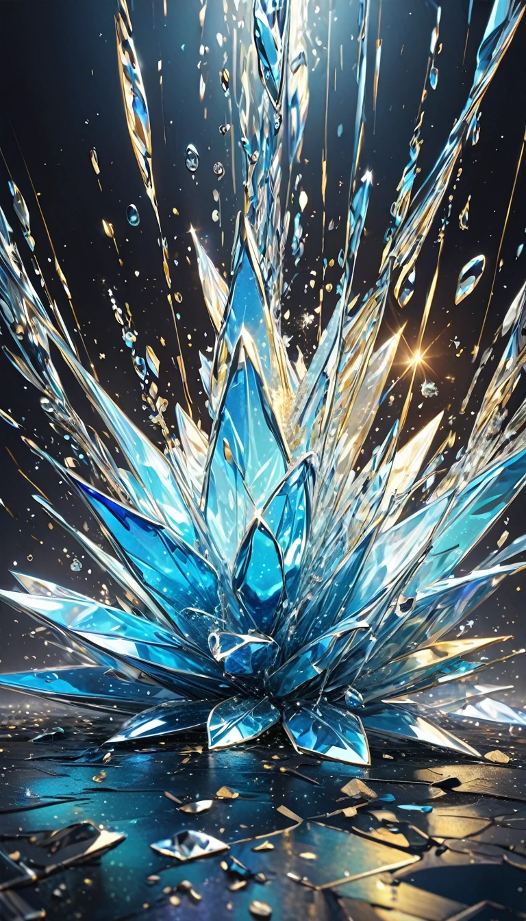conceptual installation art, falling ice drops, shattering on the ground, background iridescent bright metallic blue, (ultra detailed, absolutely resolution, best quality:1.3), 2.5D, delicate and dynamic effects, gold dust glitter effects, artistic photography, hyper realistic, graphic CG digital art