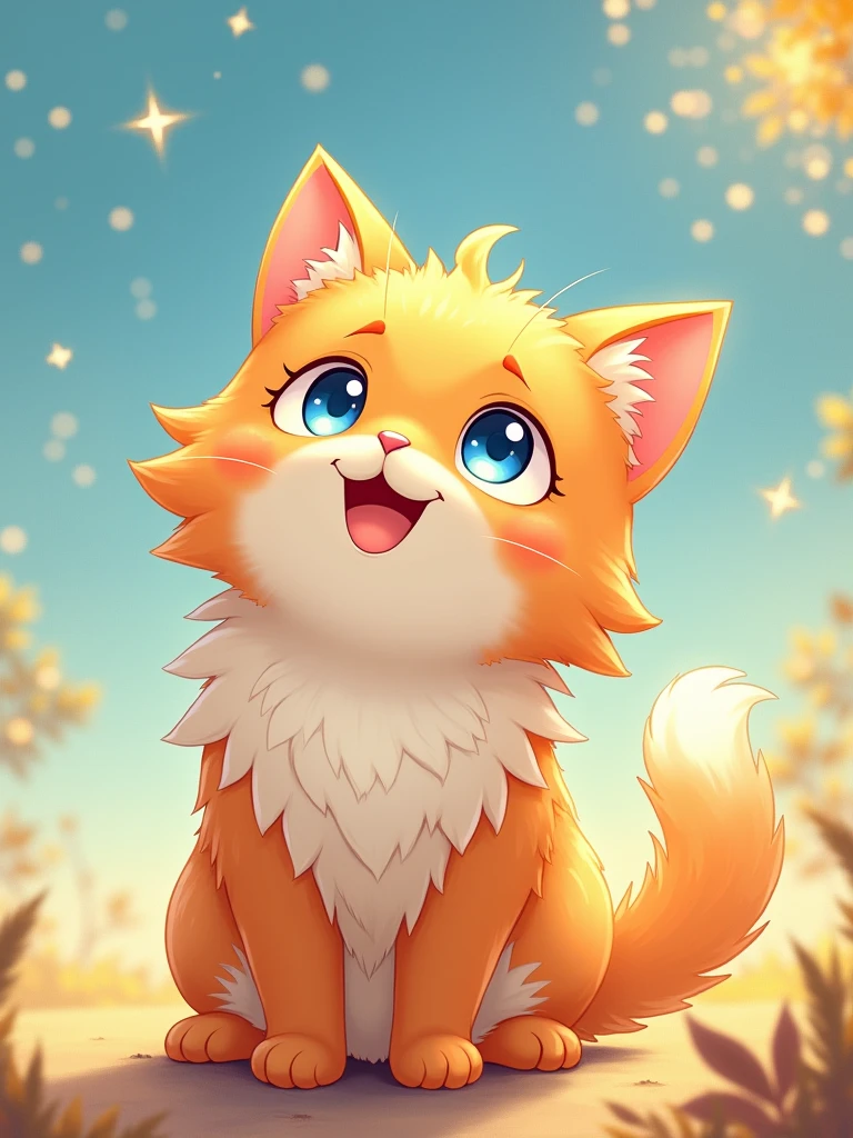A cute orange cat with white fur, blue eyes, and long hair is smiling while looking up at the sky in the style of anime. The background features sparkling light effects. It has an oil paintingtexture, warm tones, soft lighting, clear details, bright colors, lively expressions, and a cheerfulatmosphere.