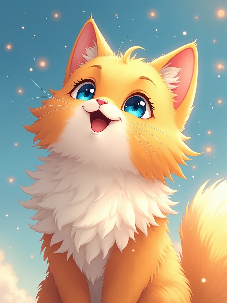A cute orange cat with white fur, blue eyes, and long hair is smiling while looking up at the sky in the style of anime. The background features sparkling light effects. It has an oil paintingtexture, warm tones, soft lighting, clear details, bright colors, lively expressions, and a cheerfulatmosphere.