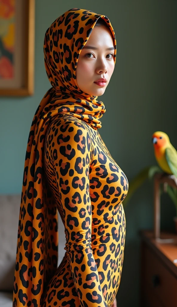 The beautiful,thin and clever asian muslimah adult girl with beautiful cheeks wears leopard print lycra footed turtleneck unitard catsuit covered with spots and leopard lycra elastane stretchy dancewear woven hijab covered with spots.She is has an idea when she has leopard face paint makeup.