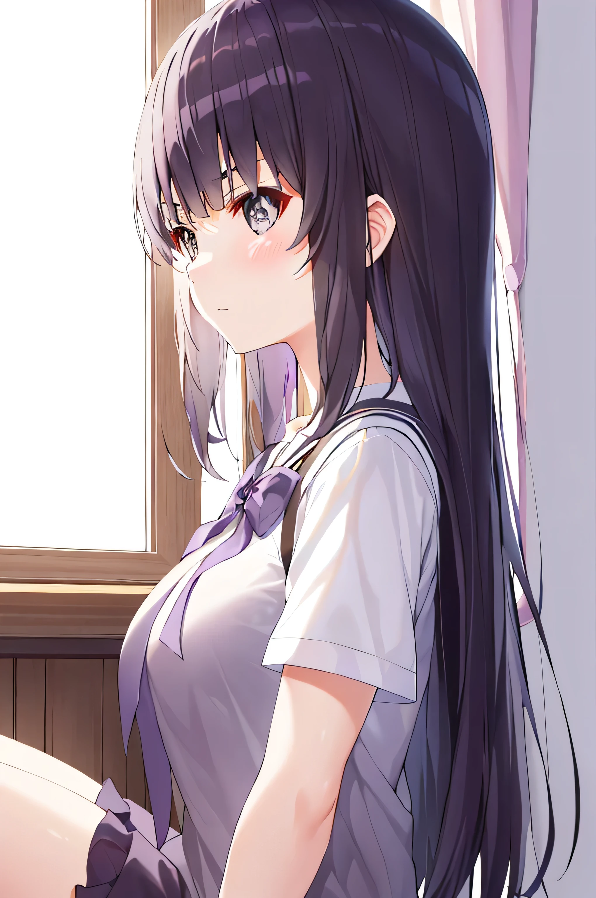 (masterpiece:1.2), best quality, high resolution, Unity 8K wallpaper, (illustration:0.8), (Beautiful and delicate Purple Eyes:1.6), Extremely detailed face, Perfect lighting, Extremely detailed CG, (Perfect hands, Perfect anatomical structure),1 girl, , Solitary, , black_shorts, Play_, Purple Eyes, shorts, Lopez,black_hair, Double tail, hair_deco, fail, fail_, blush, curtain, sit, Sweating, Dutch Cupola_Cupola, indoors, fail_Play_, _Shoulder, band_Clip Slip, By Bangs, Deactivate_beak, star_(Symbolism), _top, short_shorts, star_hair_deco, window, V-shape_Eyebrows are very, clavicle, vague, Large_, _Clip Slip, Ahog, dolphin_shorts, Play_Plays, vague_background, Jewel-like, Side lock, White__top, varies through, shirt, short_Double tail, breast,nipple,underwear,White_shirt,