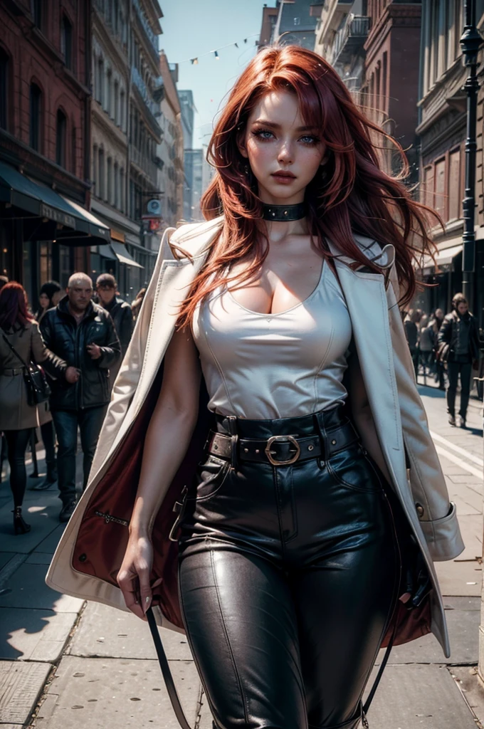 a beautiful young celebrity woman with long flowing red hair, lora_Emma, wearing high-quality high-waisted leather pants and a formal white top with a plunging neckline, a elaborate decorative waist belt, a coat draped over her shoulders, coat on shoulders, and red-tinted sunglasses, walking outdoors in a city setting, (best quality,4k,8k,highres,masterpiece:1.2),ultra-detailed,(realistic,photorealistic,photo-realistic:1.37),cinematic lighting,highly detailed,intricate details,dramatic pose,striking expression,vibrant colors,natural shadows,elegant,fashionable