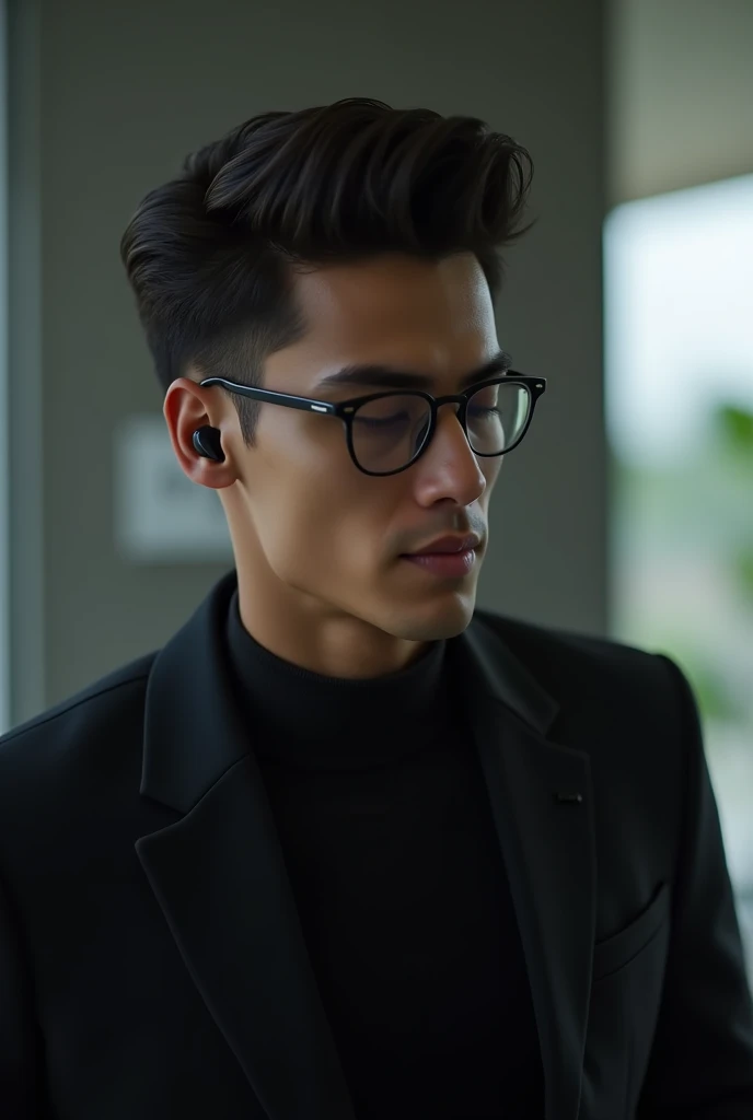 A person with earbuds in, pretending to listen during a boring conversation. Male, specs, handsome, black outfit,