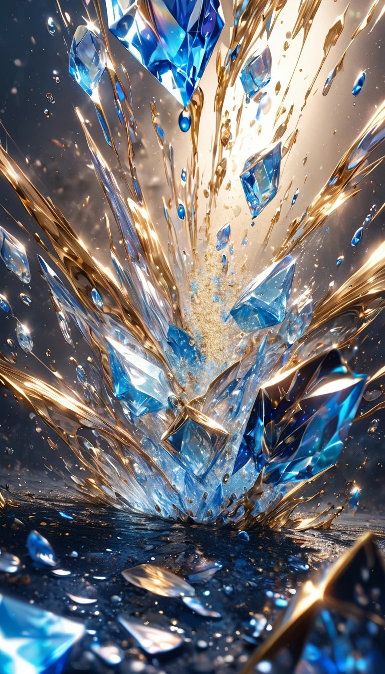 conceptual installation art, falling ice drops, shattering on the ground, background iridescent bright metallic blue, (ultra detailed, absolutely resolution, best quality:1.3), 2.5D, delicate and dynamic effects, gold dust glitter effects, artistic photography, hyper realistic, graphic CG digital art