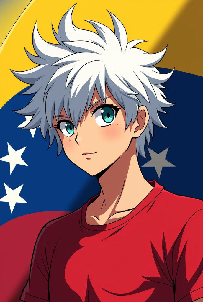 Give me an anime boy in a red shirt, with white hair with a Venezuelan flag in the background