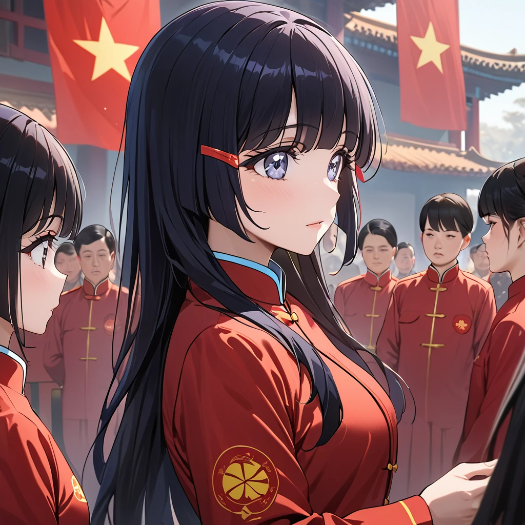 ((Highest quality)), ((masterpiece)), (detailed), (Perfect Face)、The woman is Reika Aoki with semi-long hair、The woman is wearing a Mao suit in China and is a member of the Chinese Communist .、The woman is listening intently to the teachings of the Chinese Communist Partyers and receiving guidance.